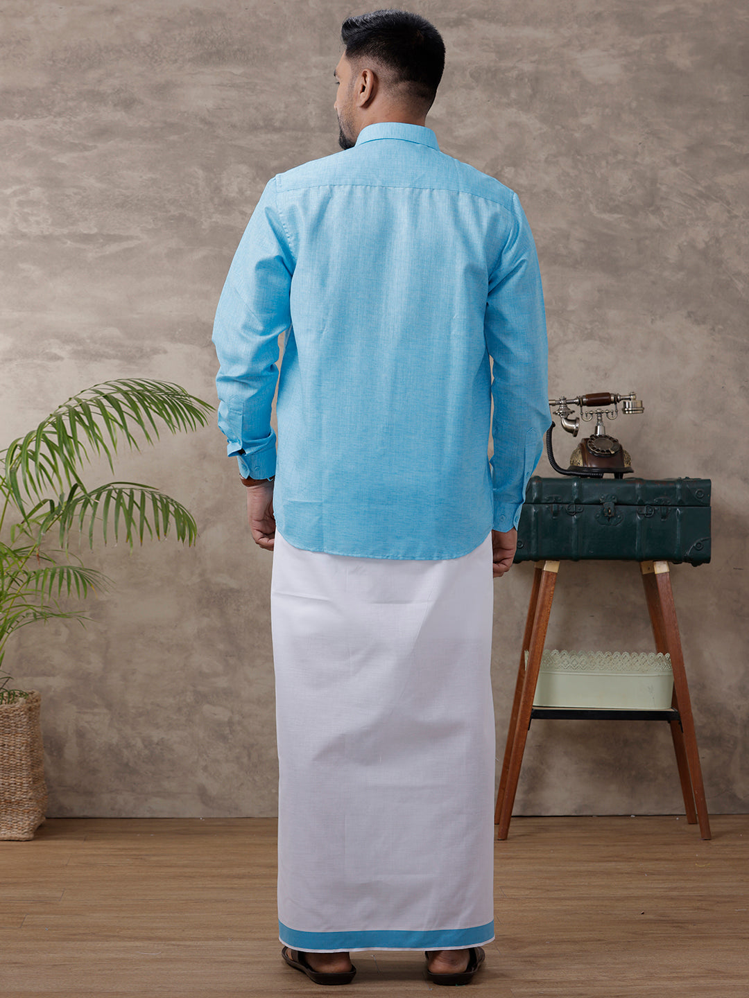 Men Matching Border Dhoti & Full Sleeves Shirt Set Blue C11