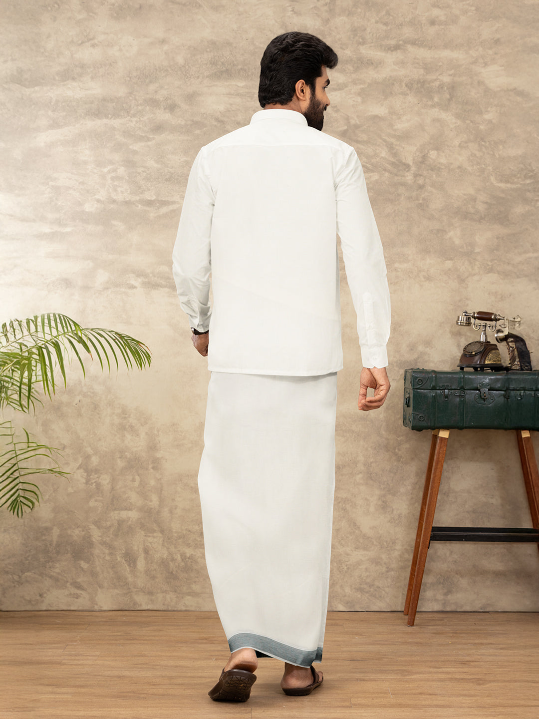 Men Kora Cotton Double Layer Dhoti with Green Fancy Jari Border EGJ17