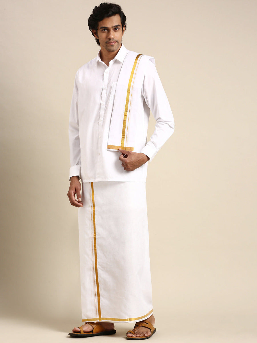 Premium White Full Sleeves Shirt with 1/2" Gold Jari Double Dhoti & Towel Combo-Side view