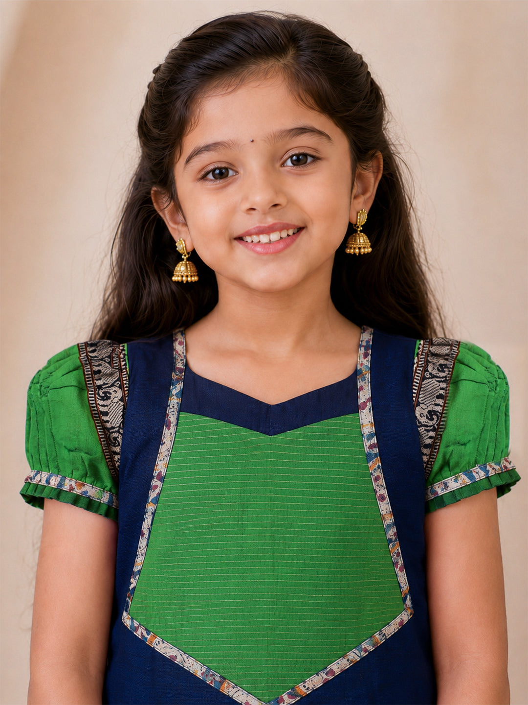 Girls Cotton Green Pattu Pavadai Set GPS48