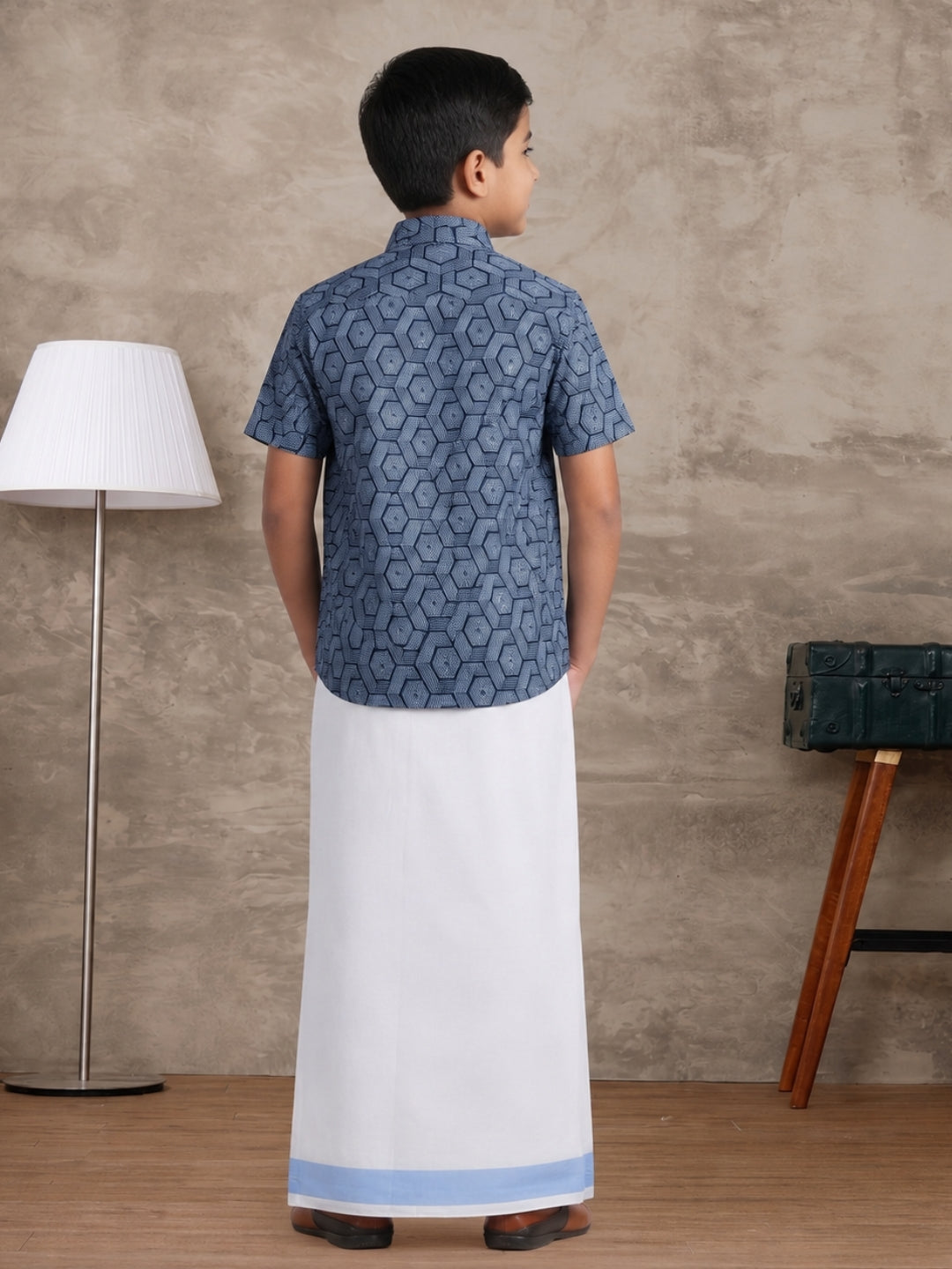Boys Navy Blue Matching Border Dhoti With Printed Shirt Set Fusion PS25