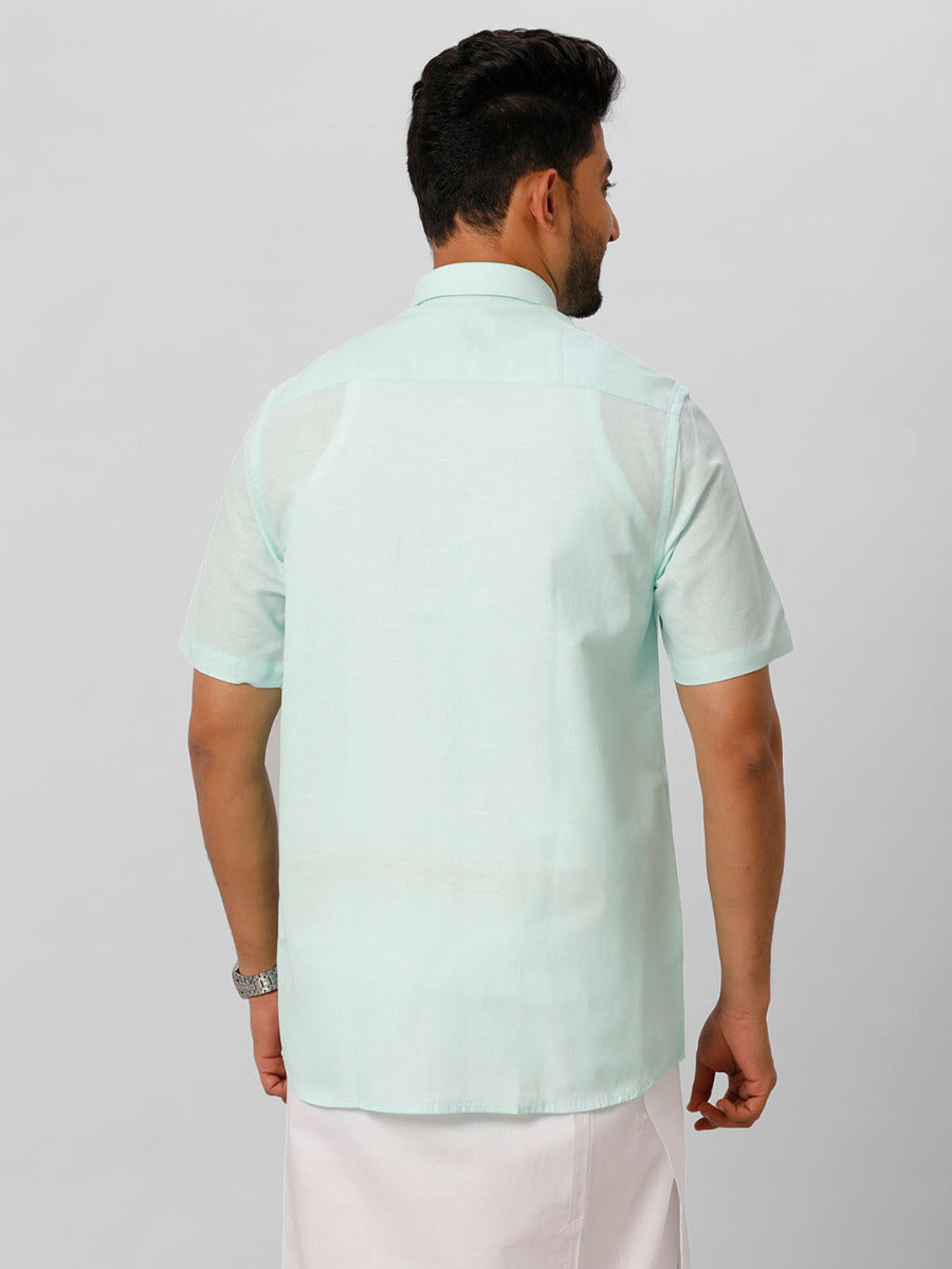 Mens Linen Cotton Formal Light Blue Half Sleeves Shirt LF1-Back view