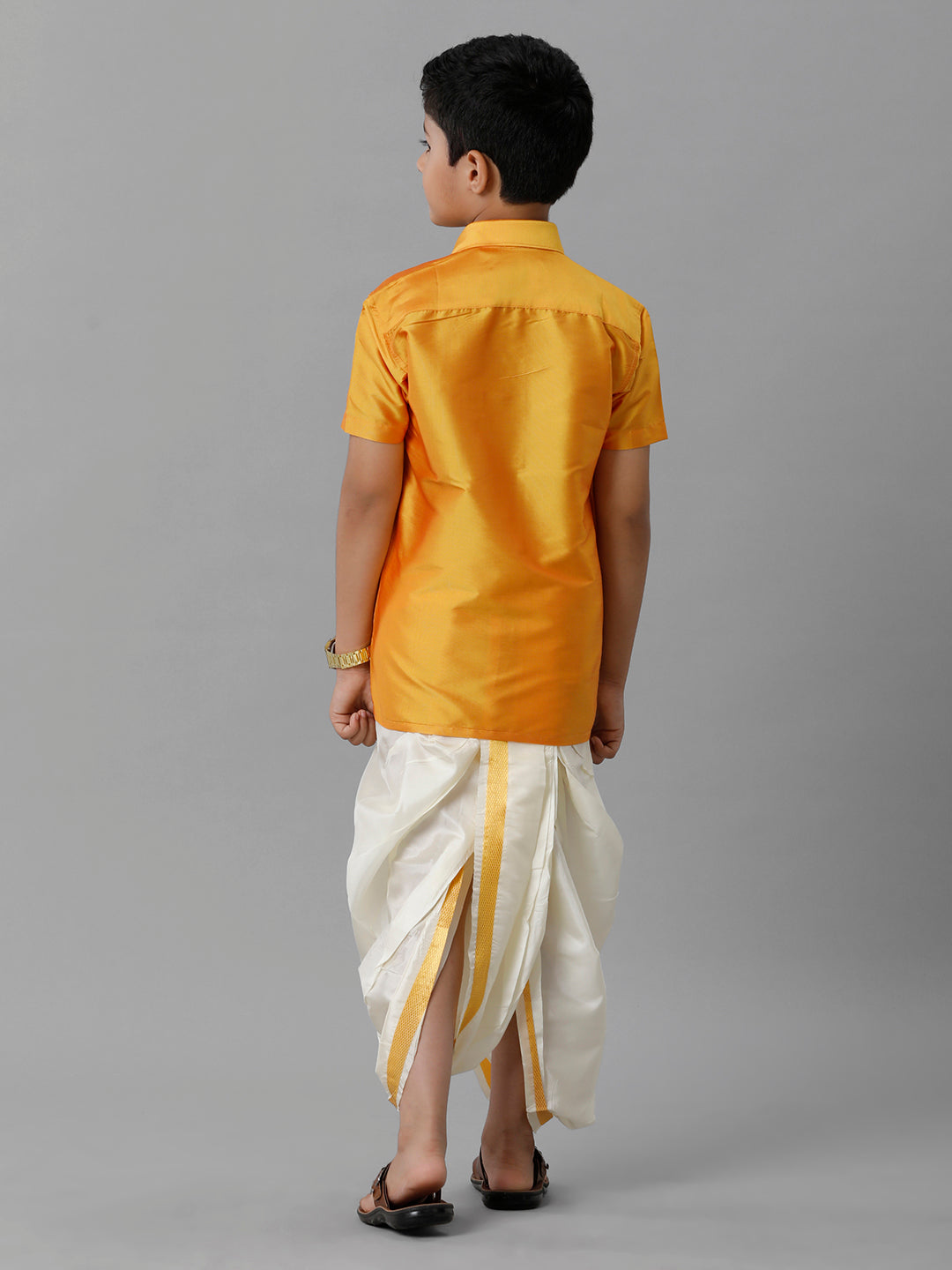 Boys Silk Cotton Yellow Half Sleeves Yellow Shirt with Soft Silk Panchakacham Combo K6-Back view
