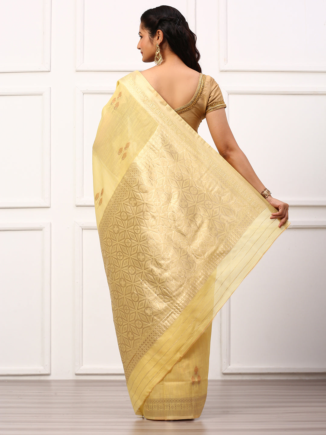 Women Semi Linen Weaving Saree Yellow SL148