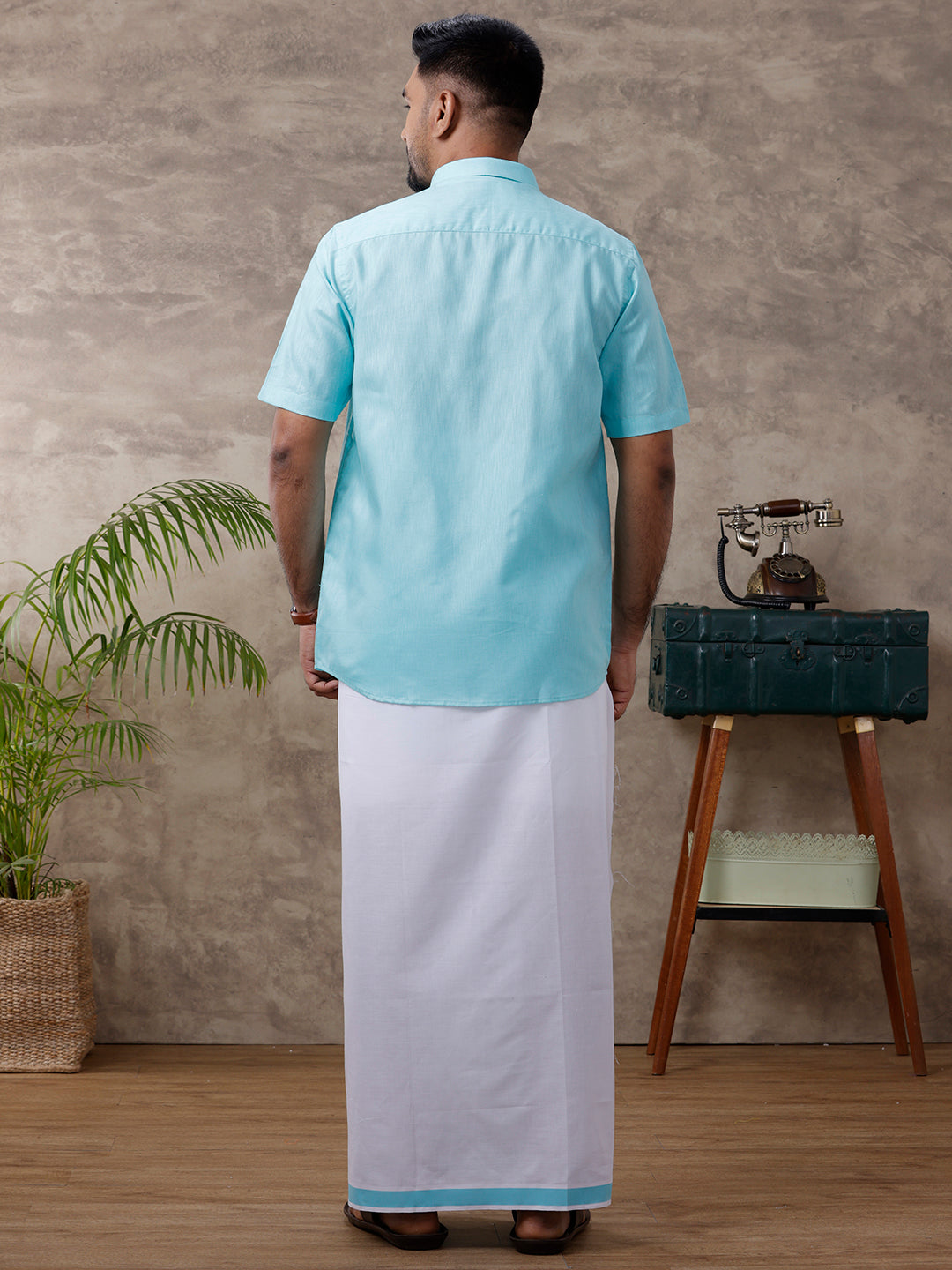 Men Matching Border Dhoti & Half Sleeves Shirt Set Blue C50