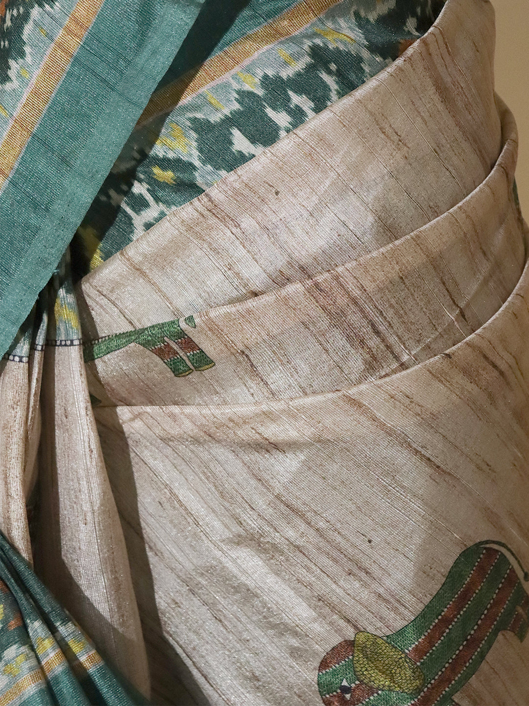 Women Brown with Green Semi Tussar Printed Saree ST309