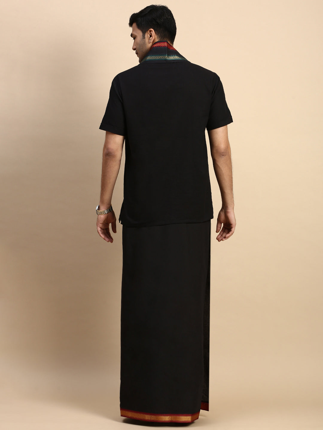 Men Devotional Mayilkhan Border Dhoti with Towel & Kurta Set Black PB17