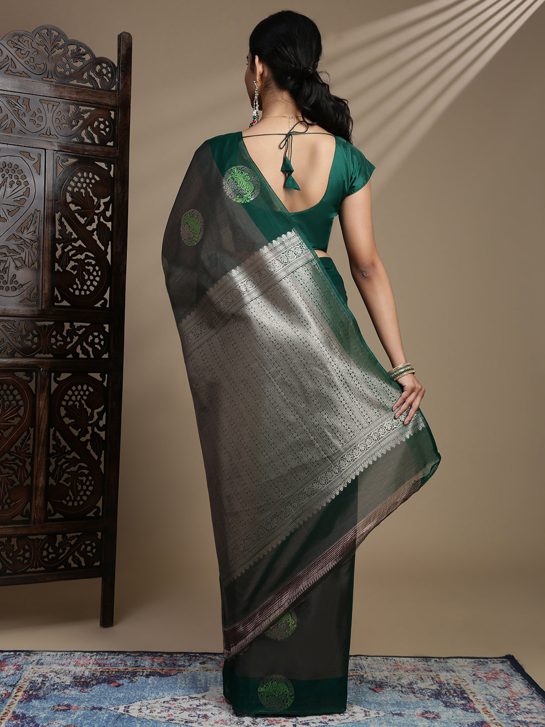 Women Green Semi Kora Cotton Saree SK117