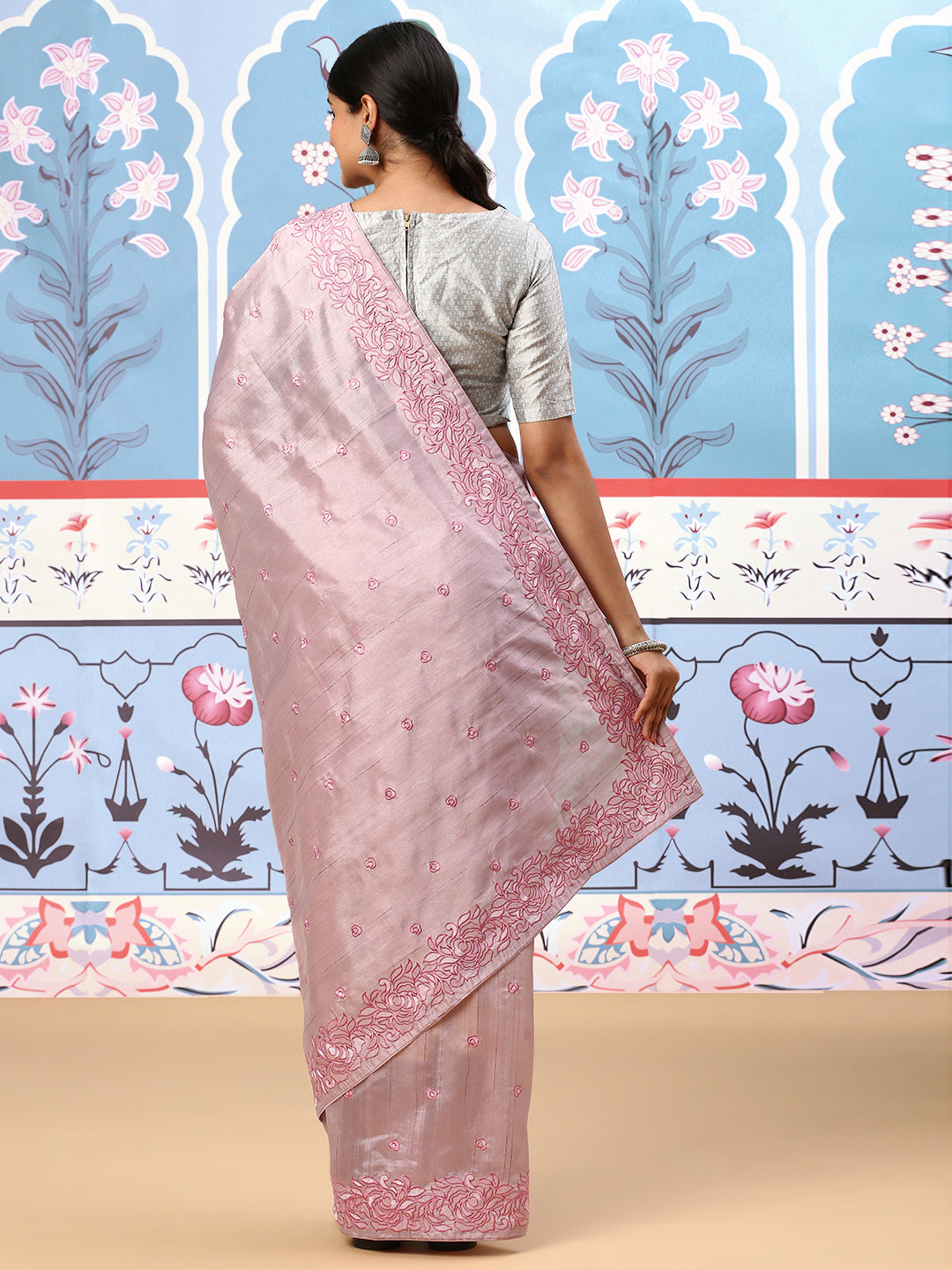 Womens Semi Tussar Embroidery Saree Pink ST142