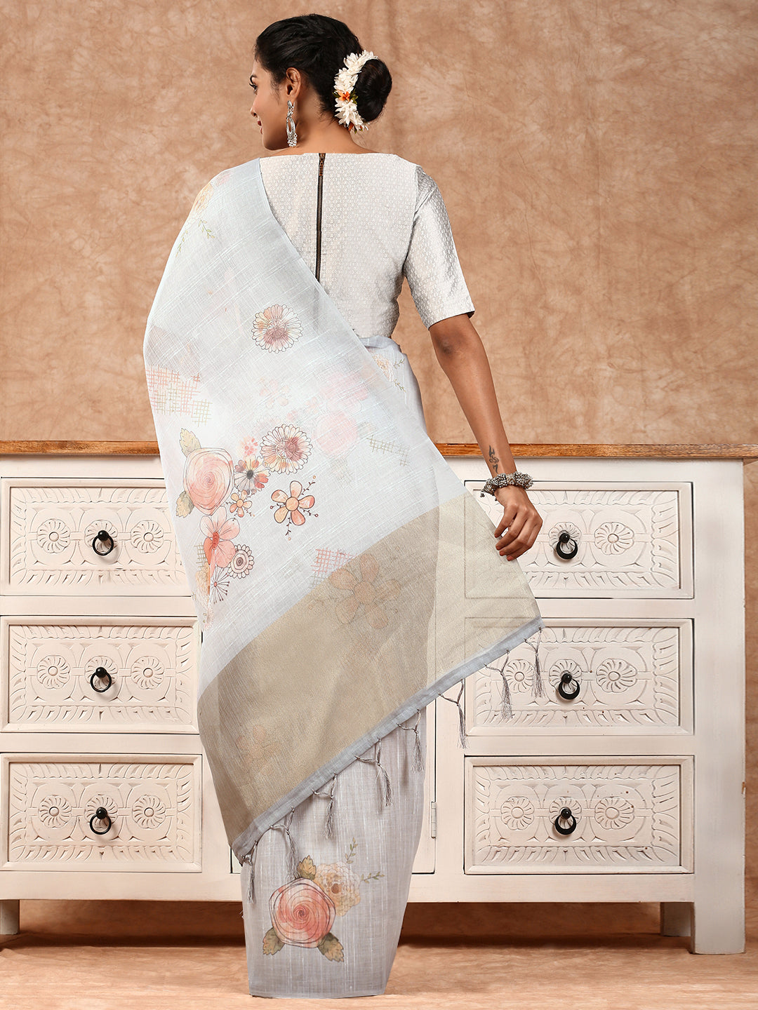 Women Semi Linen Saree Grey SL129