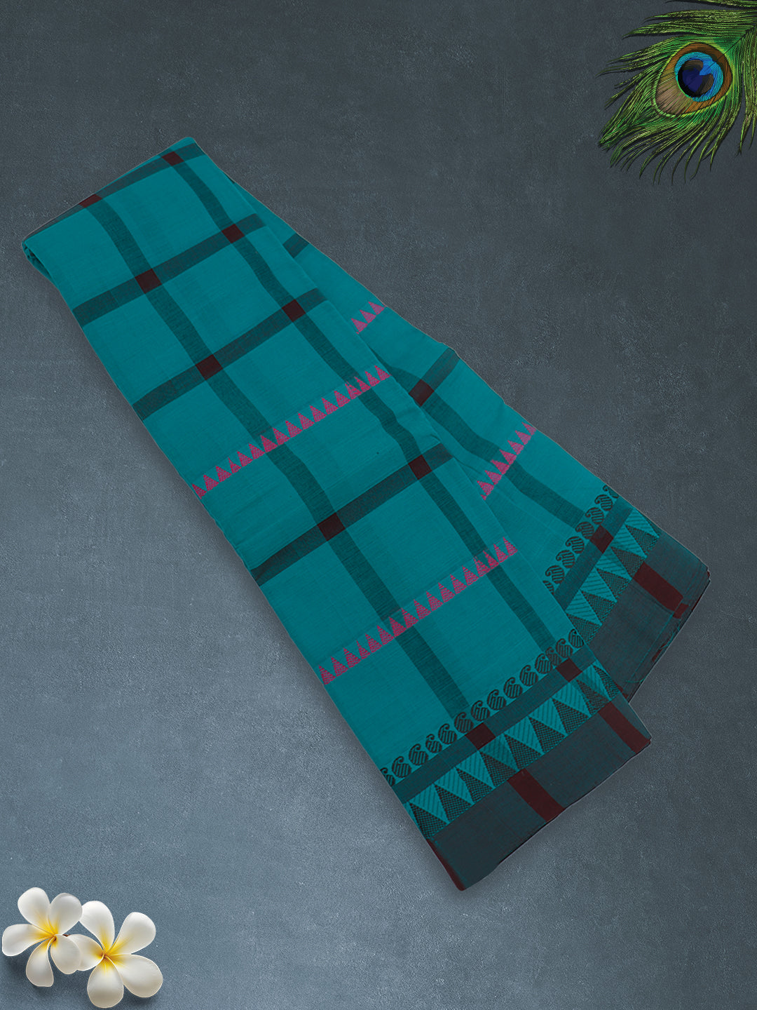 Women Teal Blue Checks Pure Chettinad Cotton Saree PCS224