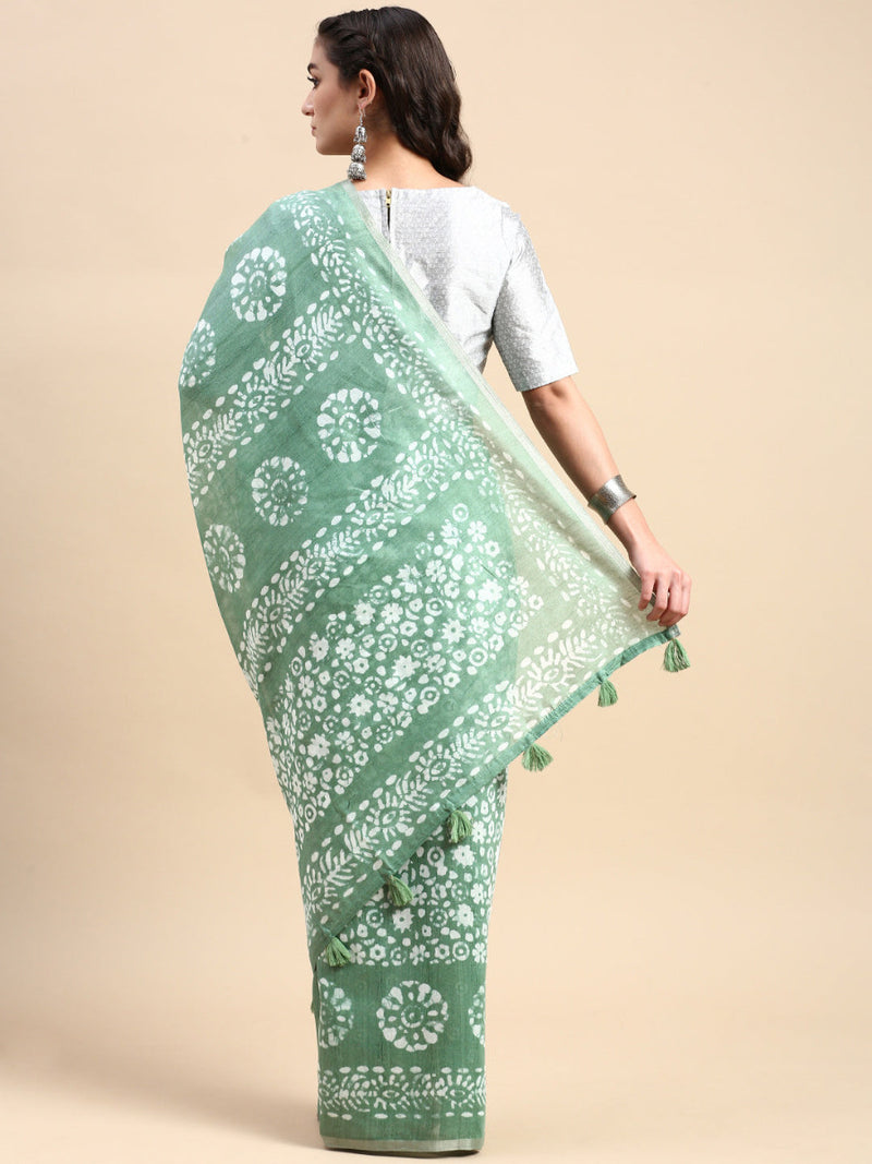 Womens Semi Linen Green Flower Design Digital Printed Saree SL67