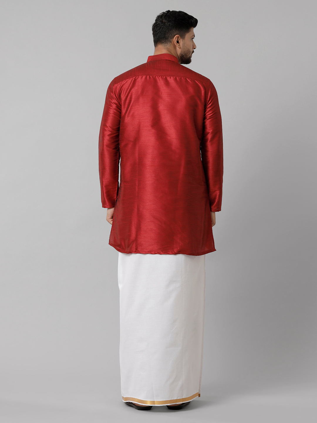 Mens Polyster Red Medium Length Kurta with White 3/4" Gold Jari Dhoti Combo SL06-Back view