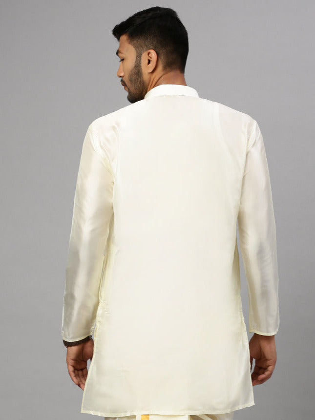 Men Silk Look Medium Length Kurta Cream