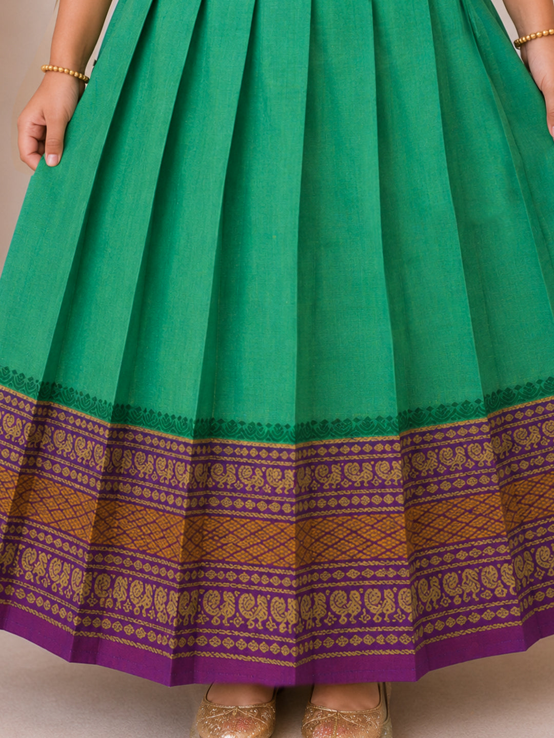 Girls Cotton Green with Violet Pattu Pavadai Set GPS49