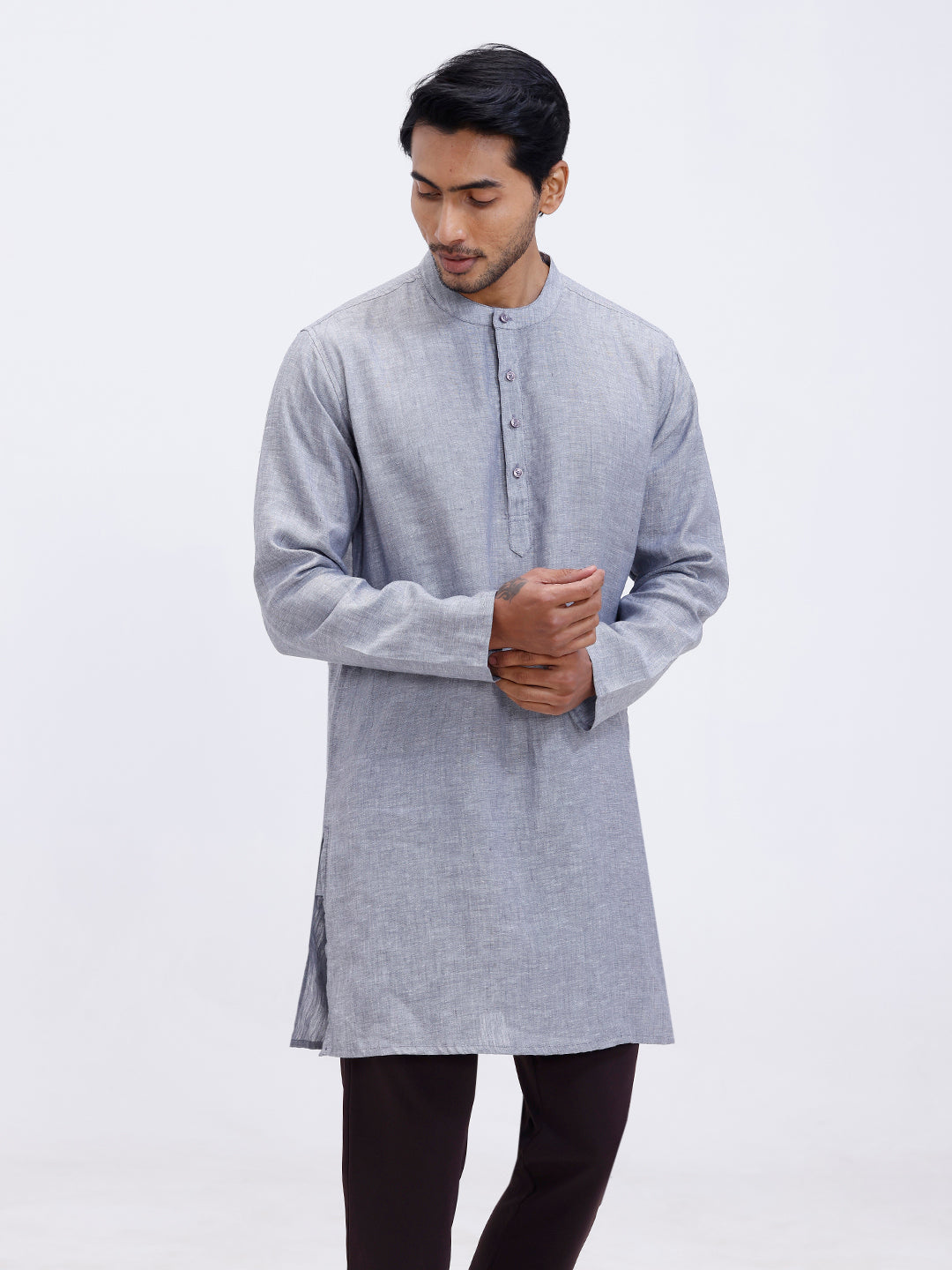Men Pure Linen Medium Length Plain Pocket Kurta Grey KAL13