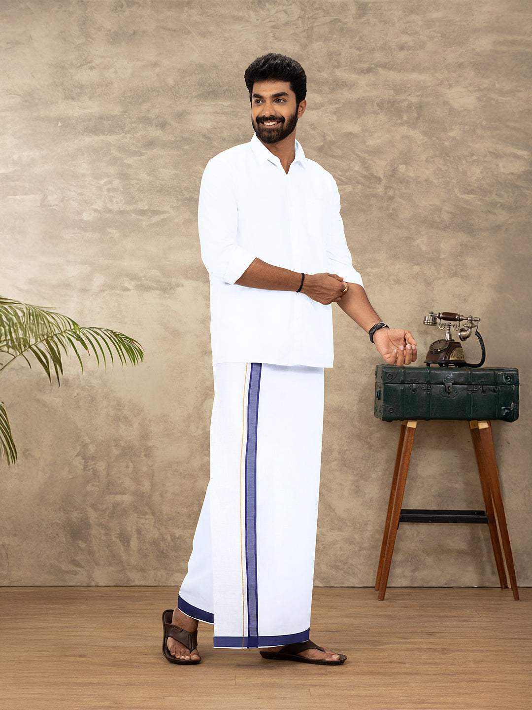 Men Cotton Blend Readymade Double Layer White Dhoti with Fancy Jari Border GFDA06