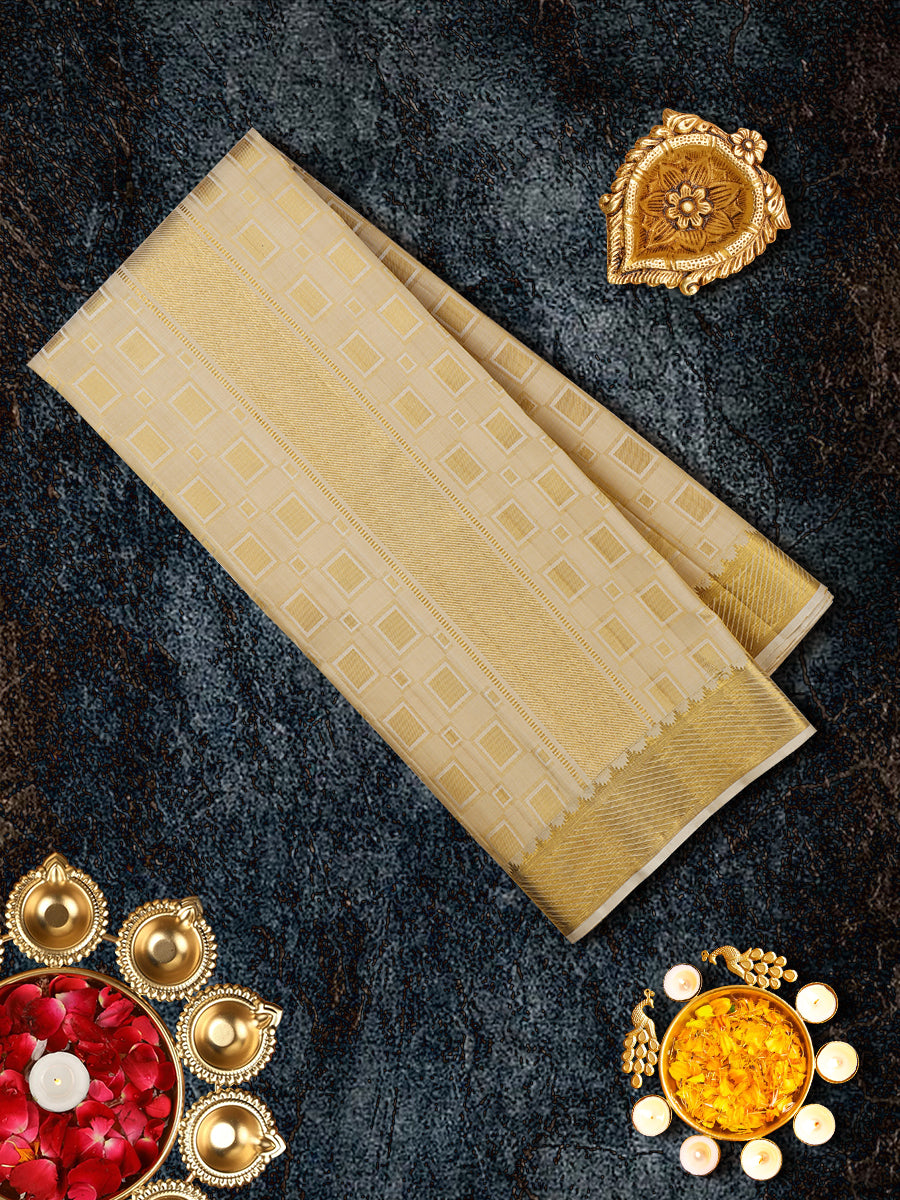 Mens Pure Silk Fawn 4" Gold Jari Border Dhoti with Towel Amirtham-view two