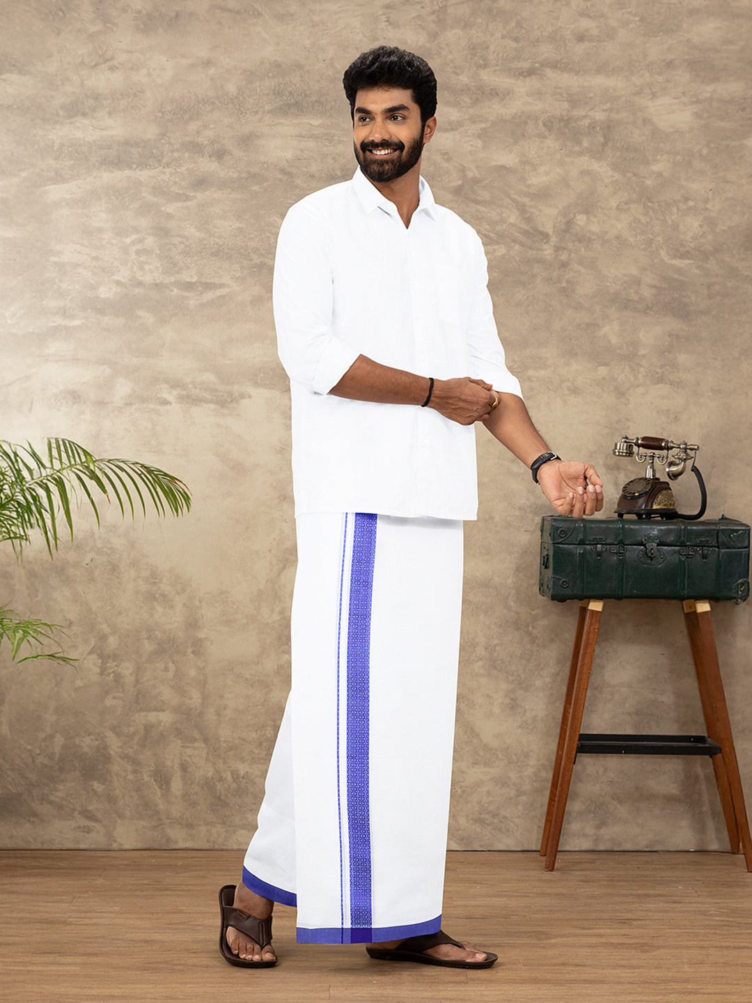 Men Cotton Blend Double Layer White Dhoti with Fancy Border TF14