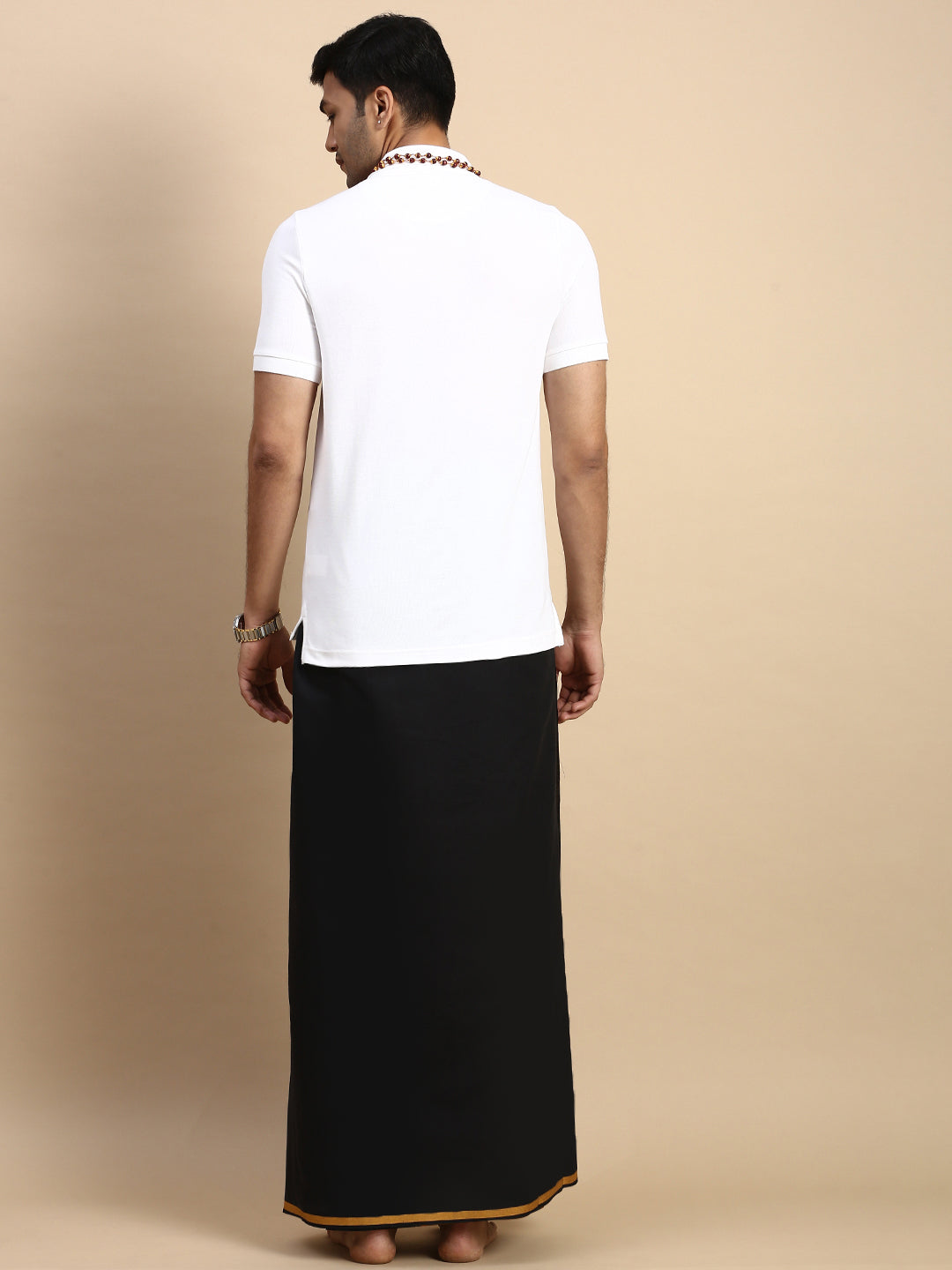 Men Devotional Big Border Dhoti & TShirt Set Black EP1