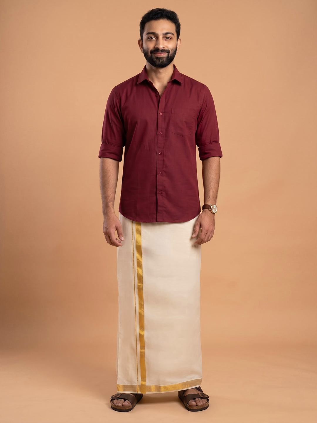Double Layer 100% Cotton Cream Kora Dhoti with Gold Jari Border