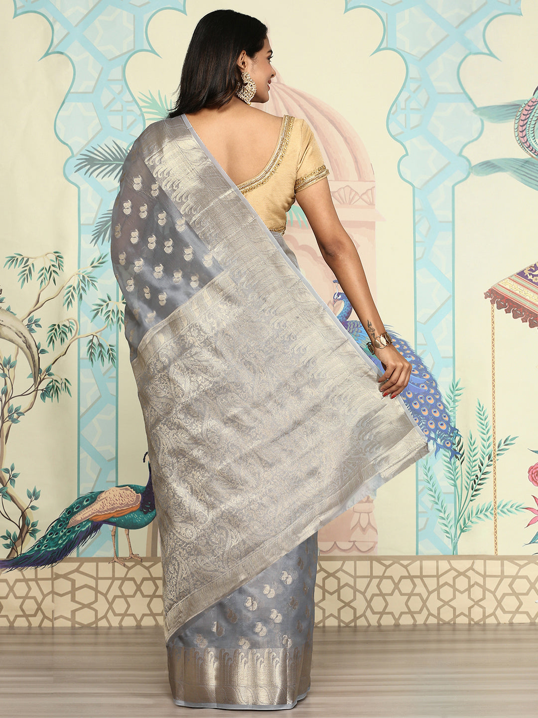 Women Semi Orgenza Weaving Saree Grey SOS17