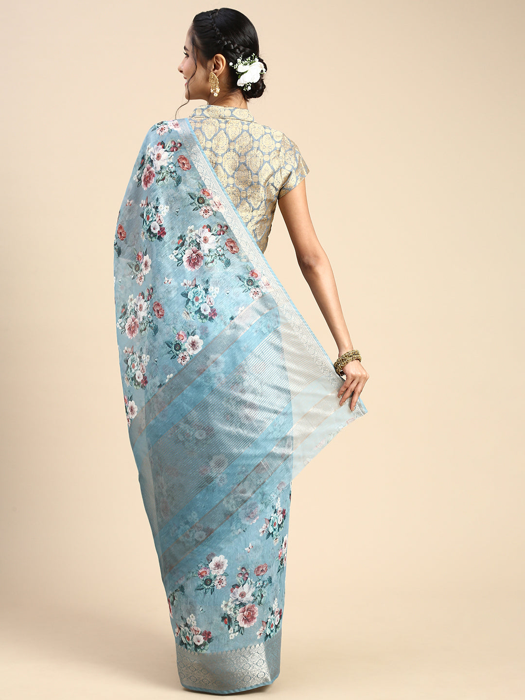 Digital Floral Printed Blue Colour Semi Linen Saree SL81-Back view