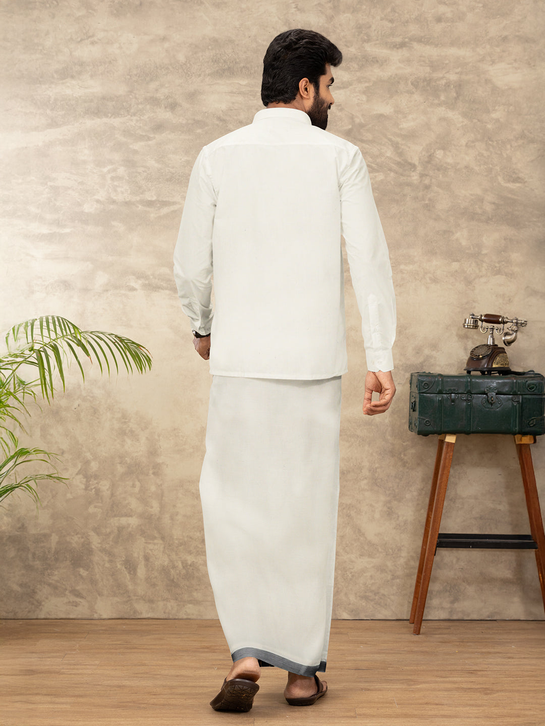 Men Kora Cotton Double Layer Dhoti with Black Fancy Jari Border EGJ21