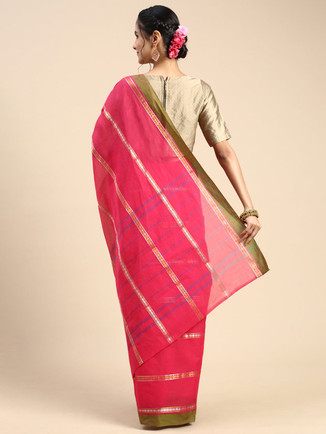 Womens Chettinad Cotton Pink Colour Saree CCS19-Back view