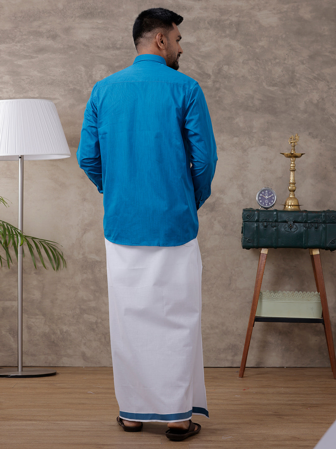 Mens Blue Matching Border Dhoti & Full Sleeves Shirt Set Evolution IC4