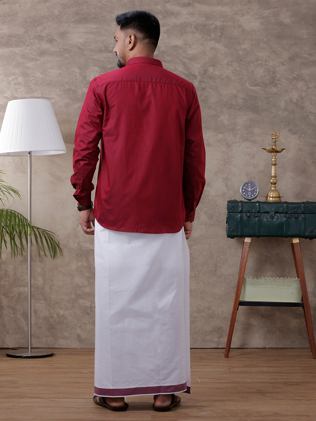 Mens Maroon Matching Border Dhoti & Full Sleeves Shirt Set Evolution IC6