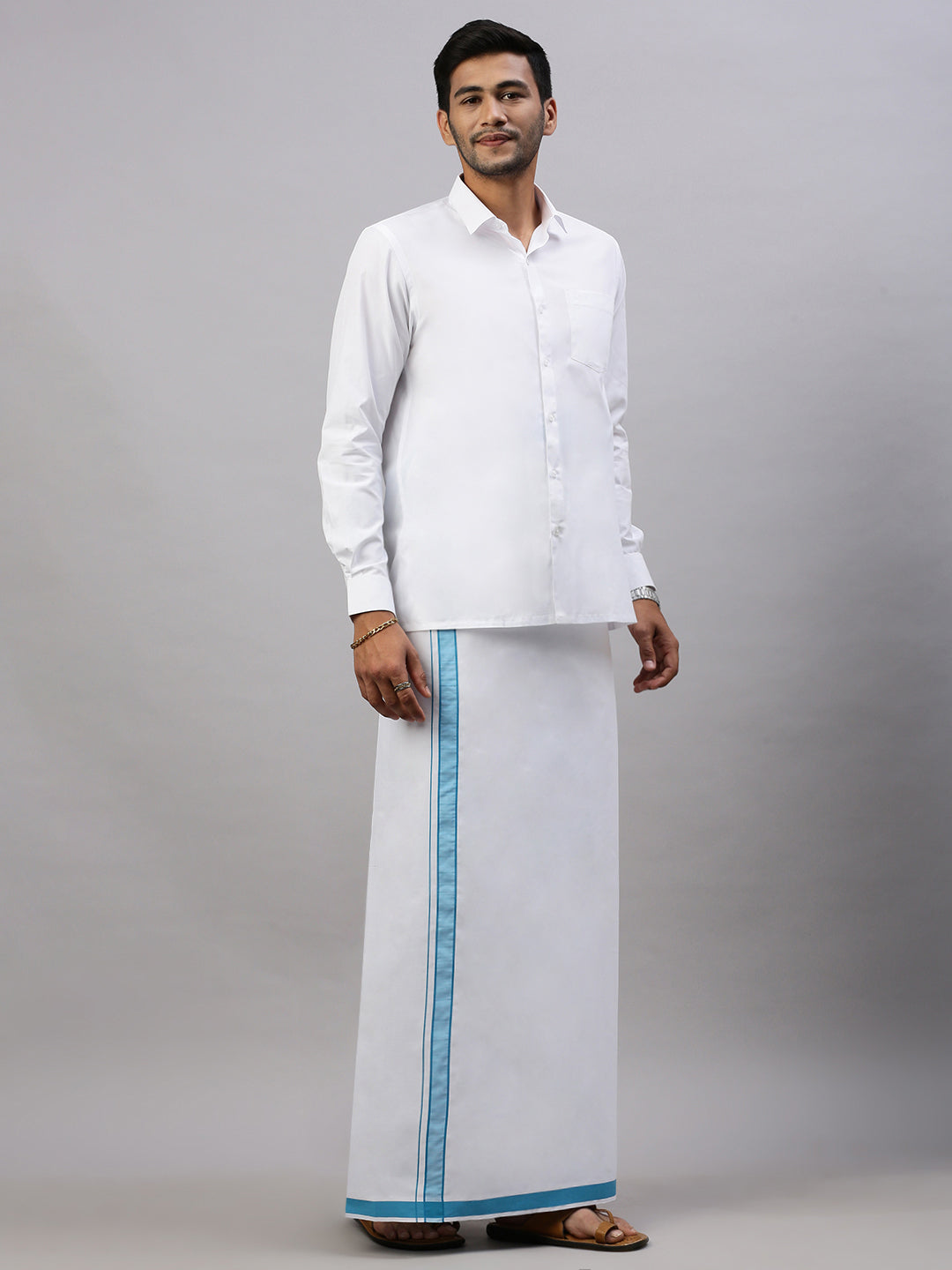 Mens Prestigious Look Cotton Single Dhoti with Sky Blue Fancy Border - Winner Plain