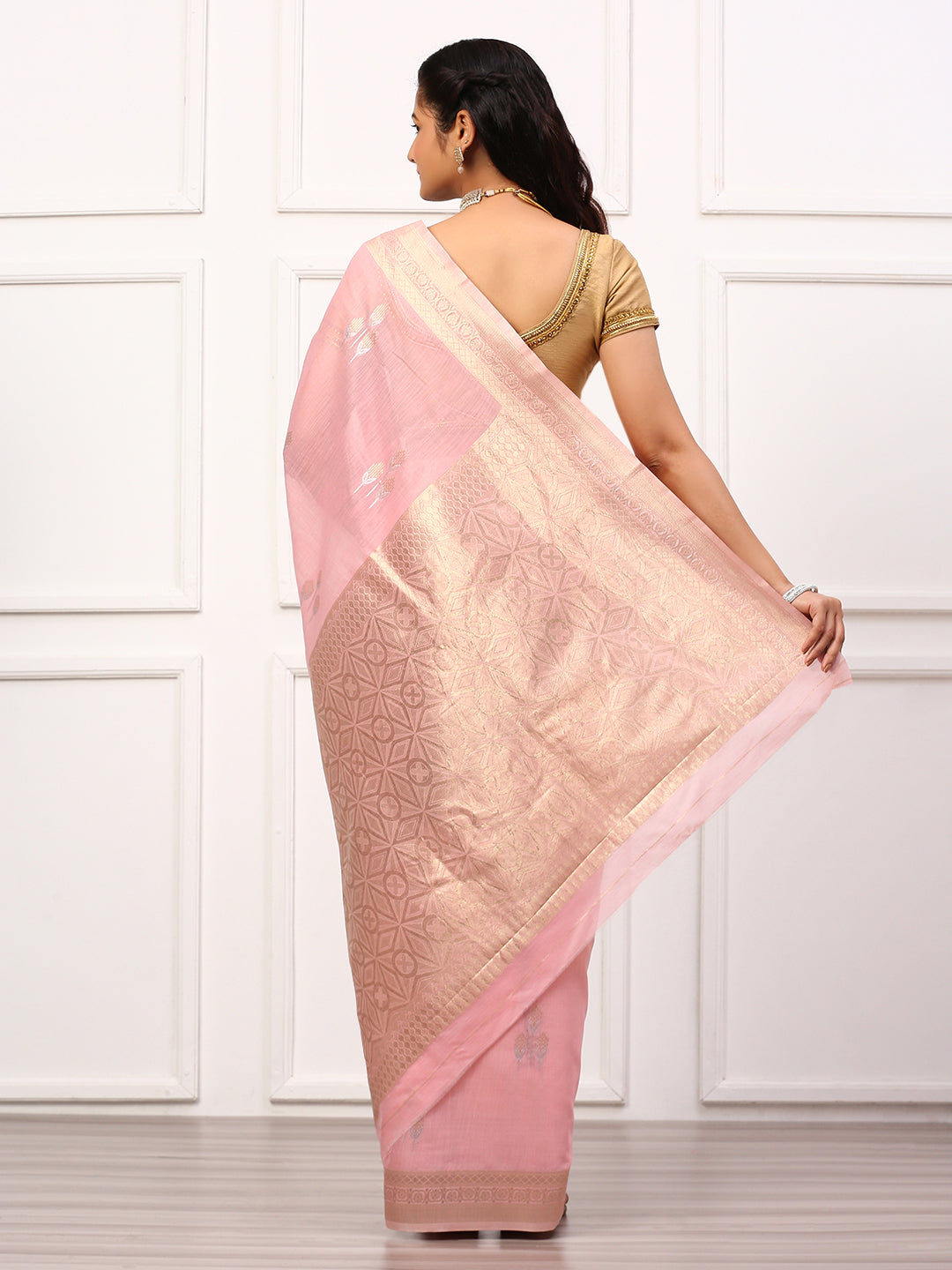 Women Semi Linen Weaving Saree Pink SL136