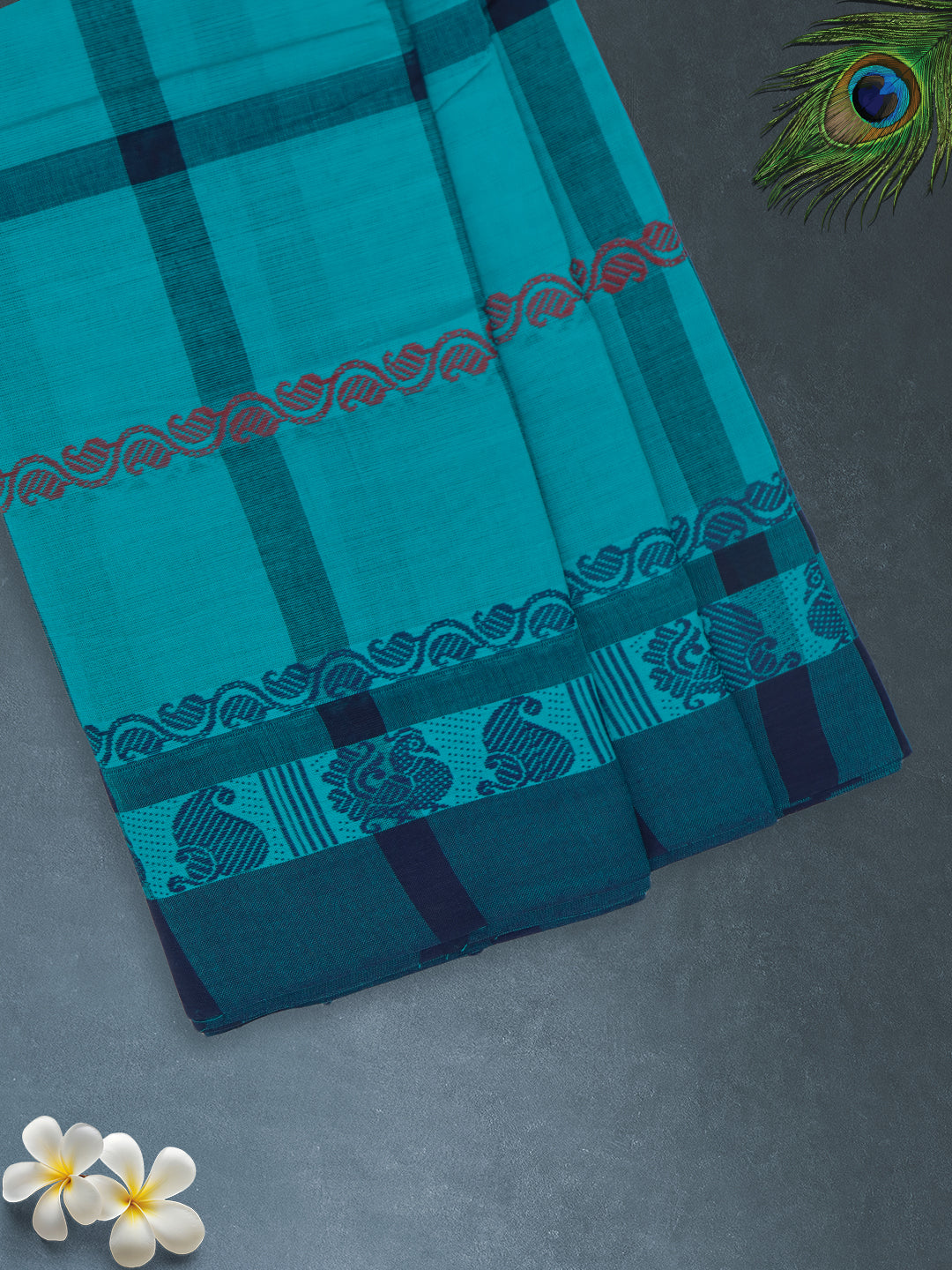Women Teal Blue Checks Pure Chettinad Cotton Saree PCS228