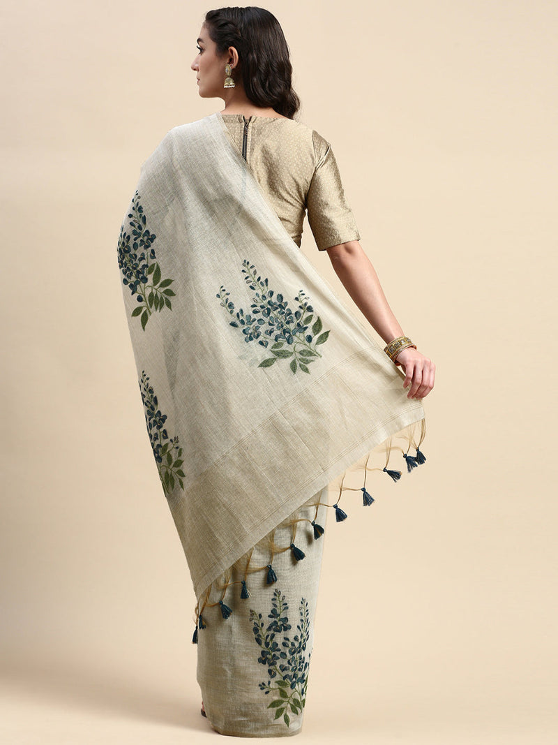 Womens Semi Tussar Grey Flower Embroidery Saree ST90