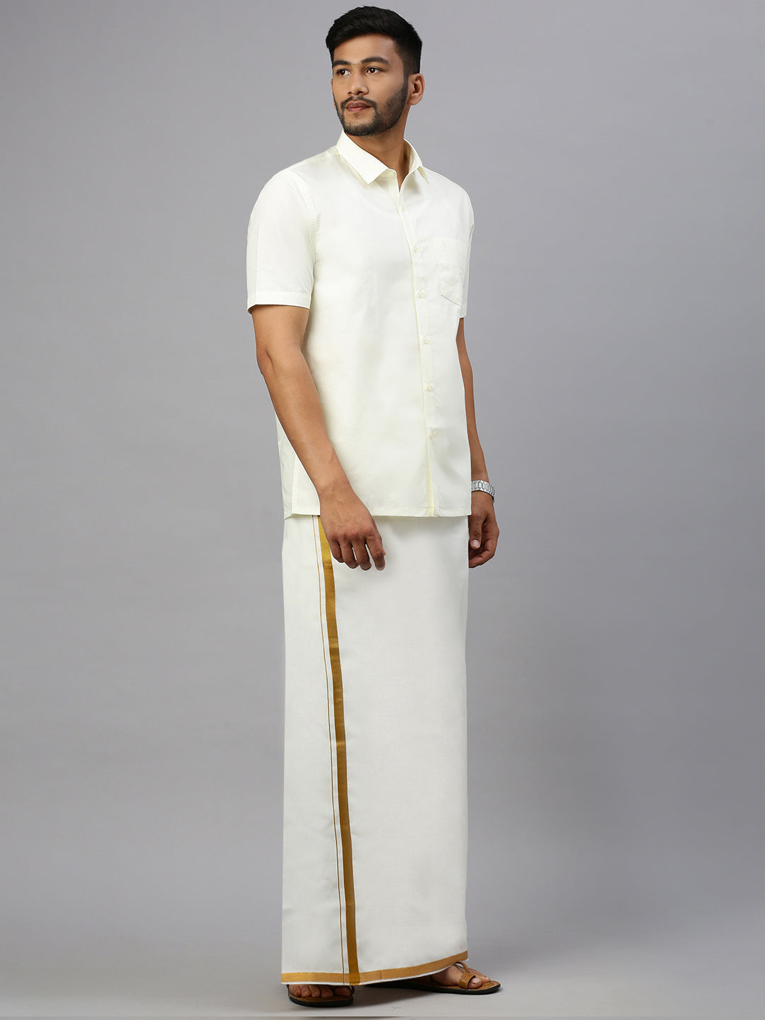 Mens Cream with 3/4" Inch Gold Jari Border Single Layer Dhoti Combo