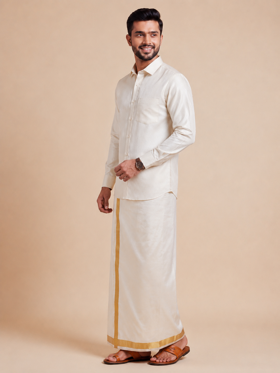 Men Tissue Antique Gold Dhoti & Shirt Set