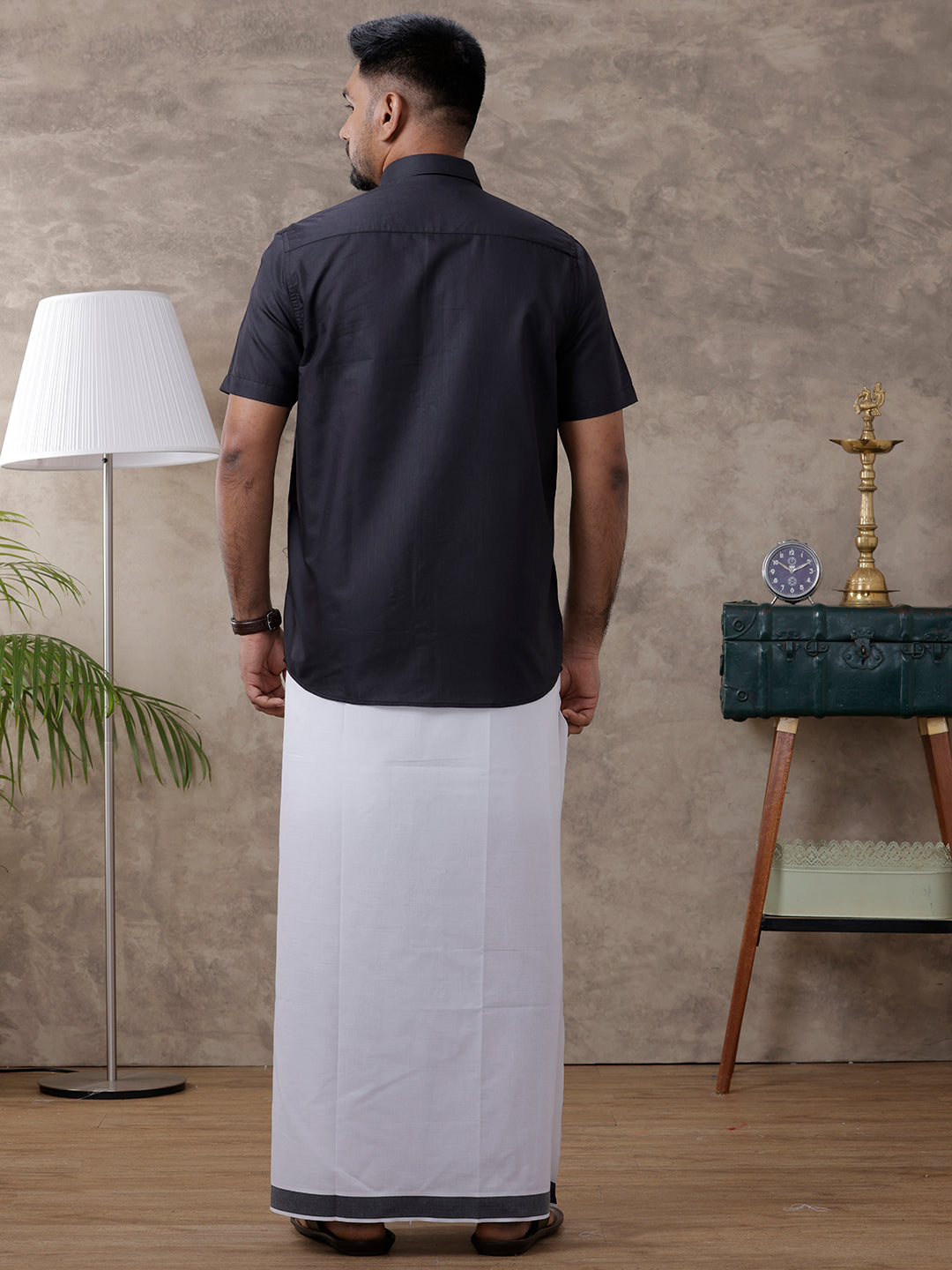 Men Black Matching Border Dhoti & Half Sleeves Shirt Set Evolution IC10