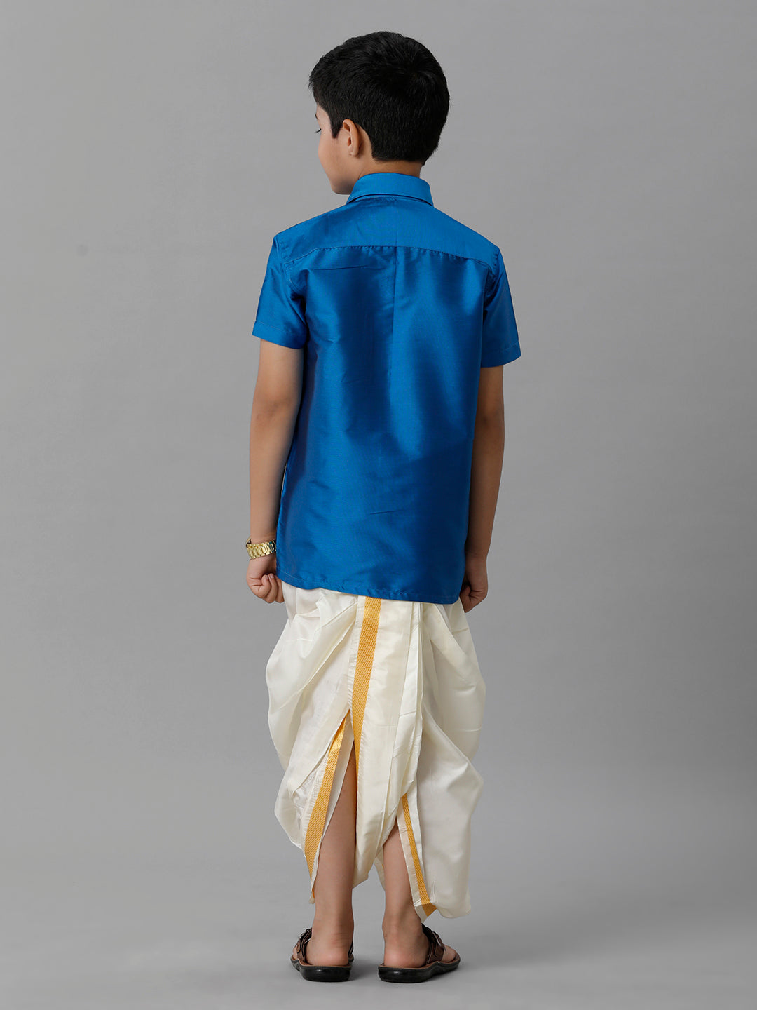 Boys Silk Cotton Royal Blue Half Sleeves Shirt with Soft Silk Panchakacham Combo K10-Back view