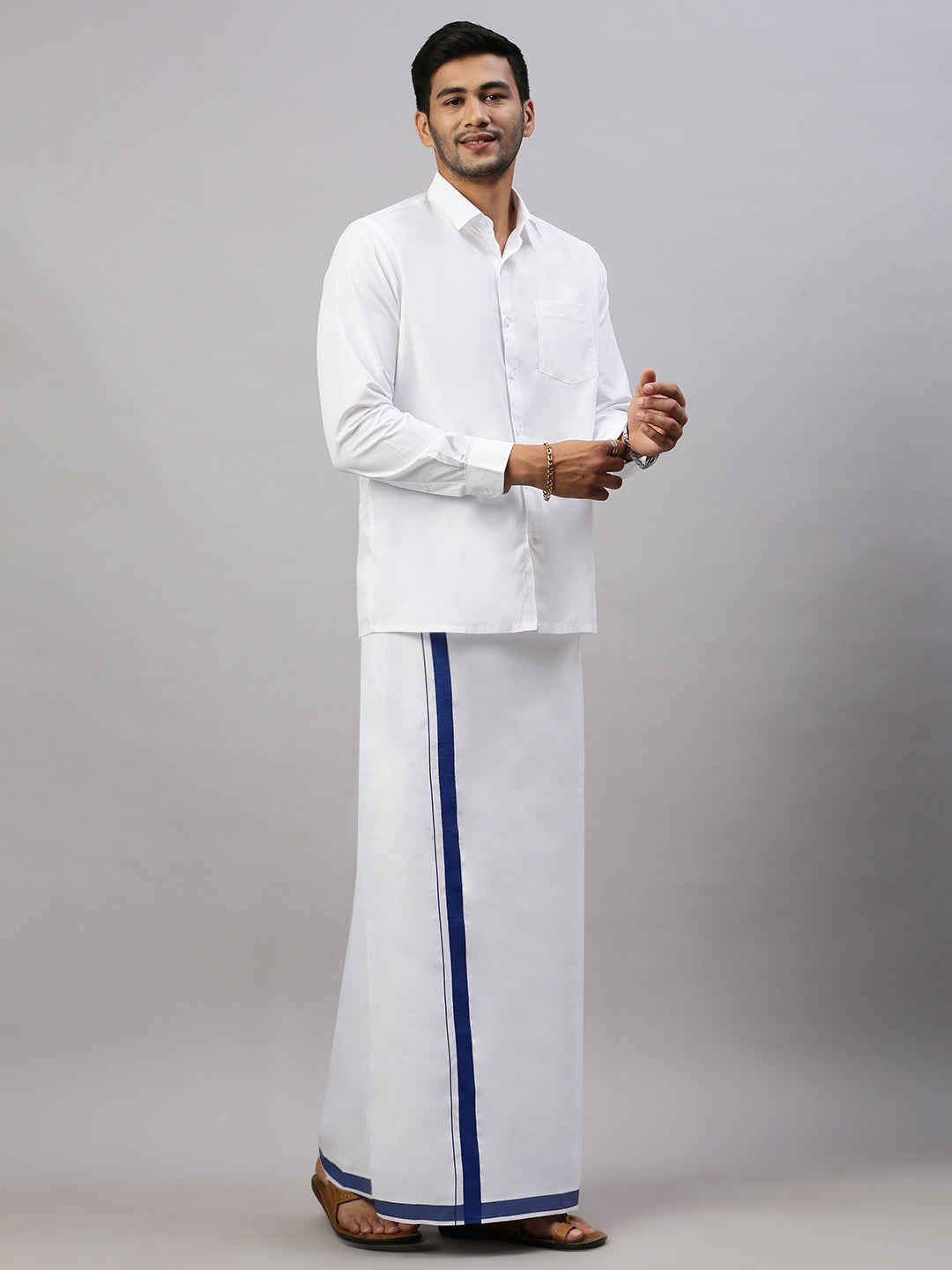 Mens Elegant Look Cotton Single Dhoti with Air Force Blue Fancy Border