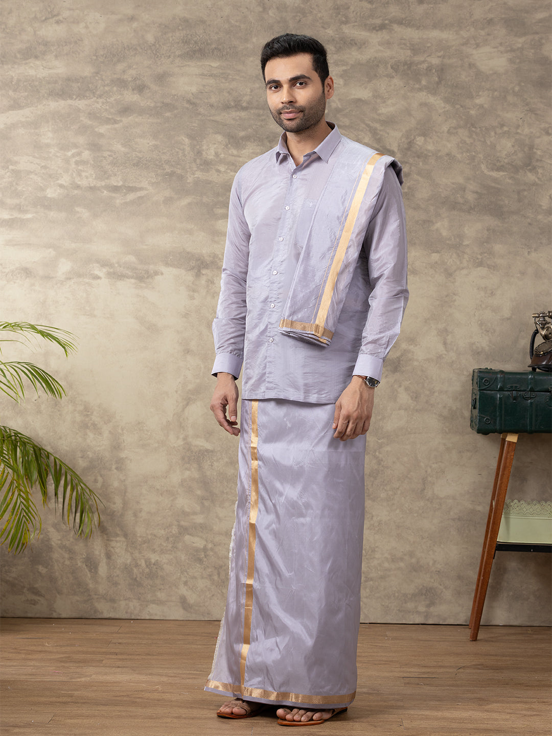 Men Art Silk Polar Violet Shirt & Dhoti Towel Set Swayamvara