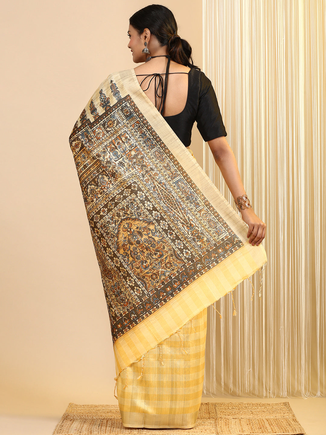 Womens Semi Tussar Printed Saree Yellow ST184