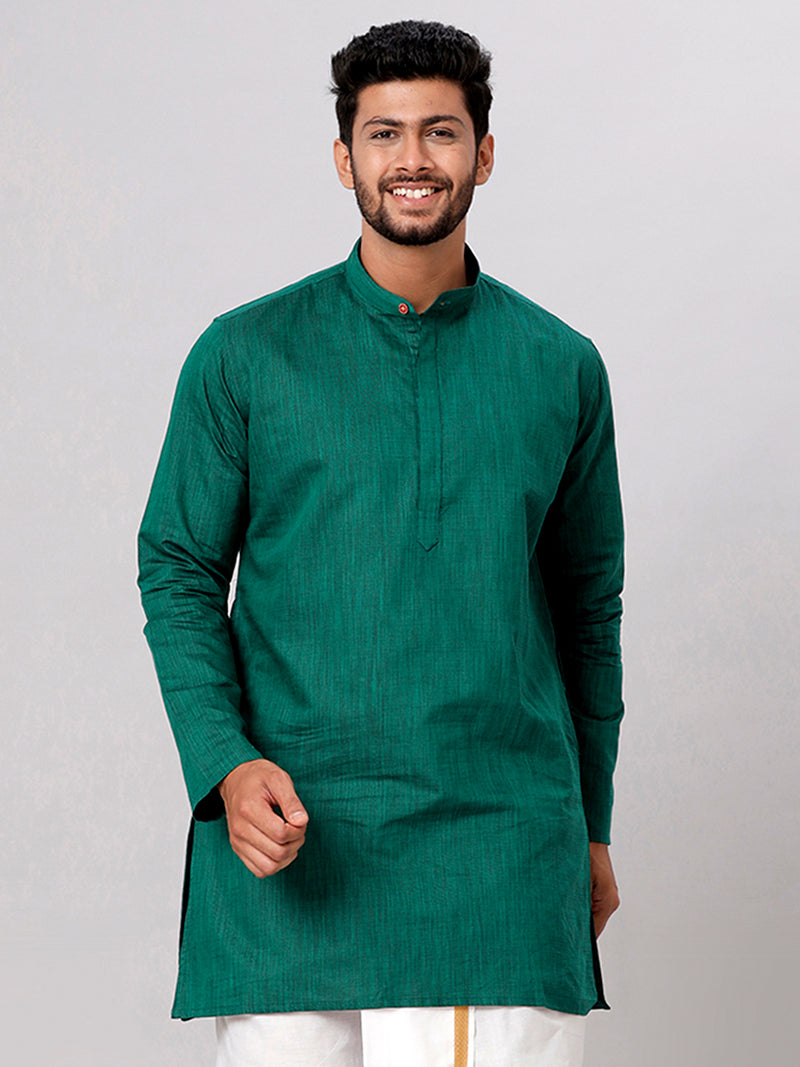 Mens Cotton Full Sleeves Dark Green Medium Length Pocket Kurta FS5