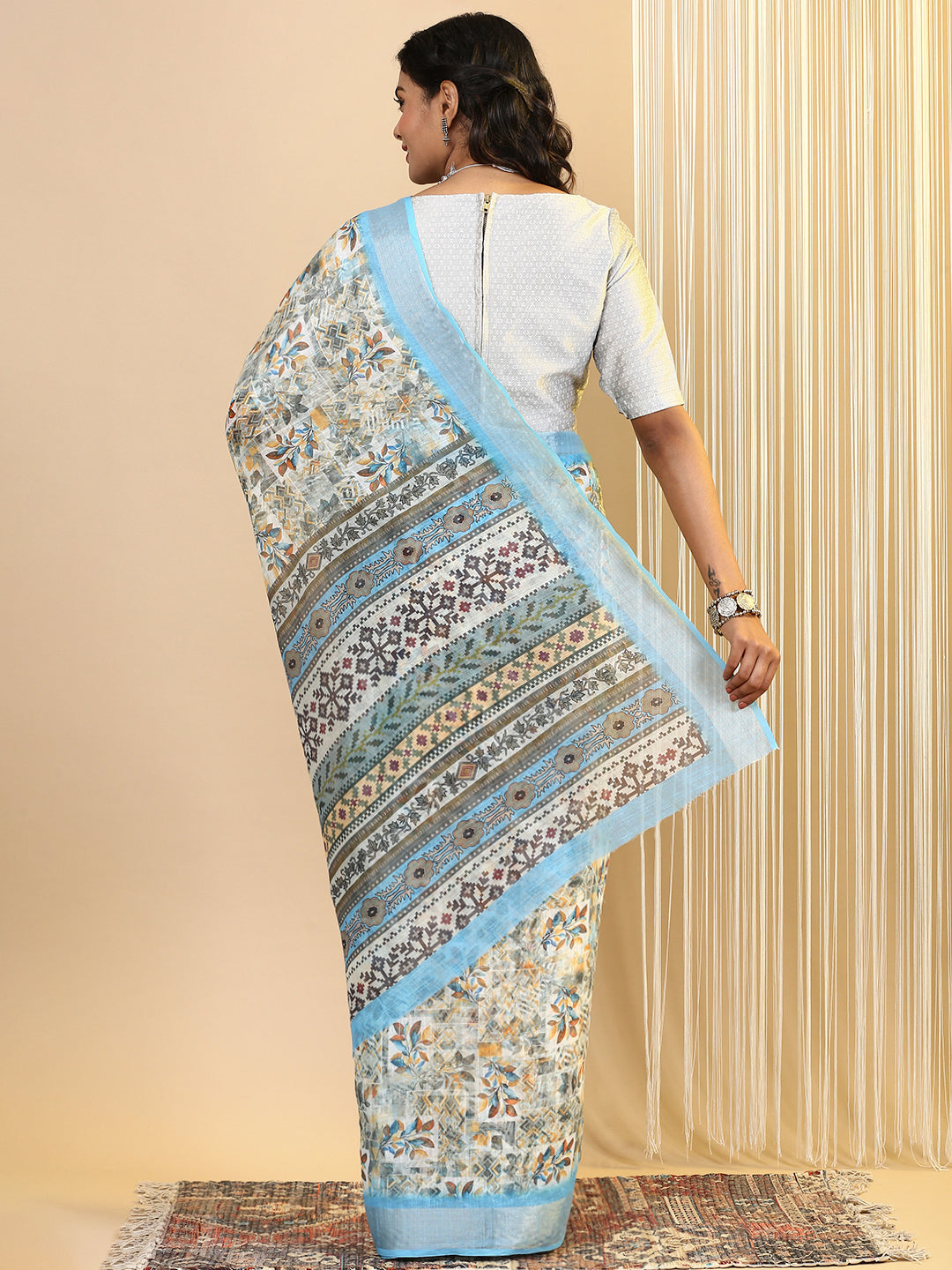 Women Semi Linen Printed Saree Blue SL157