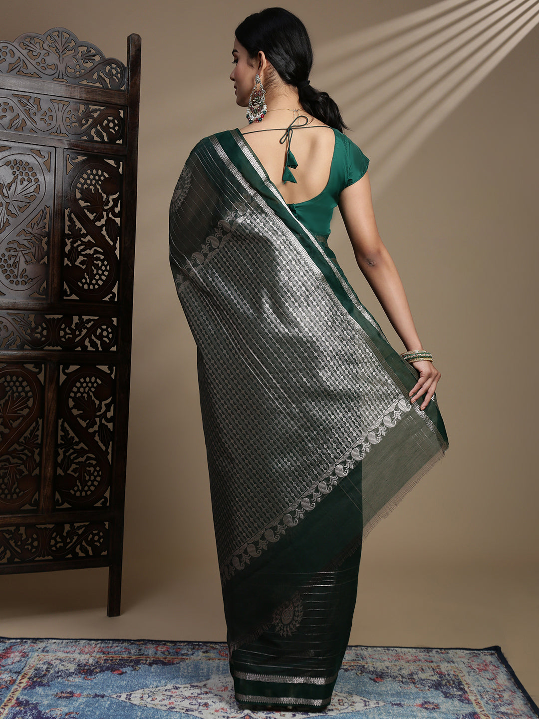 Women Dark Green Kora Cotton Saree SK99