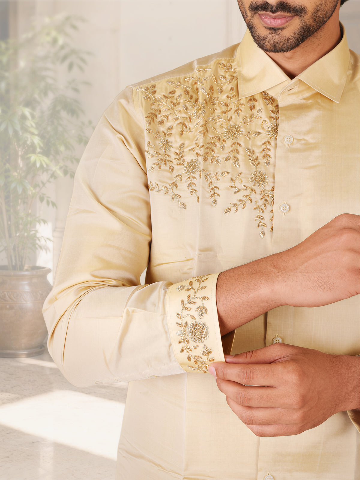 LAGNAA Premium Pure Tussar Silk Hand Embroidered Grand Floral & Leaf Chest Motif Designer Shirt & Dhoti Set | Kanakastra