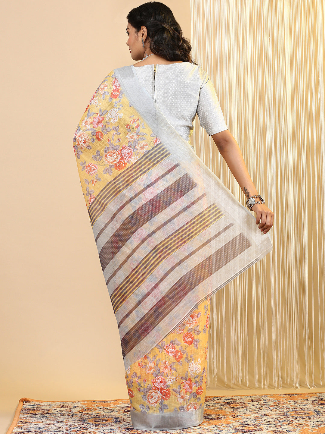 Women Semi Linen Saree Yellow SL163