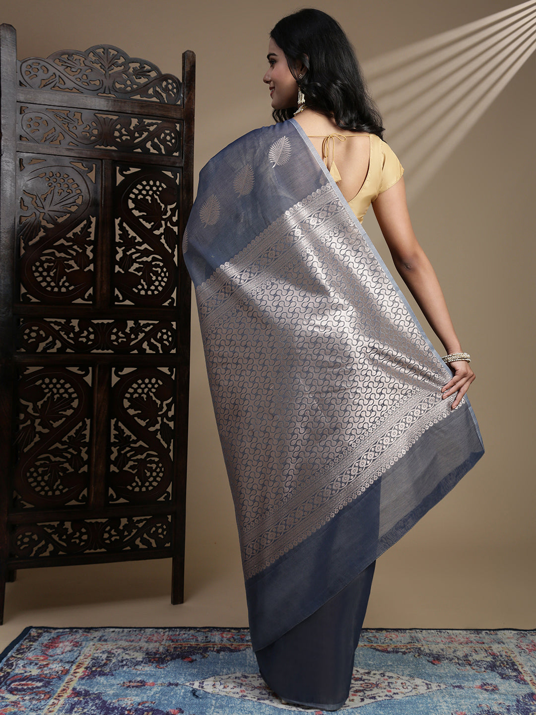 Women Semi Kora Cotton Dark Greyish Blue Saree SK123