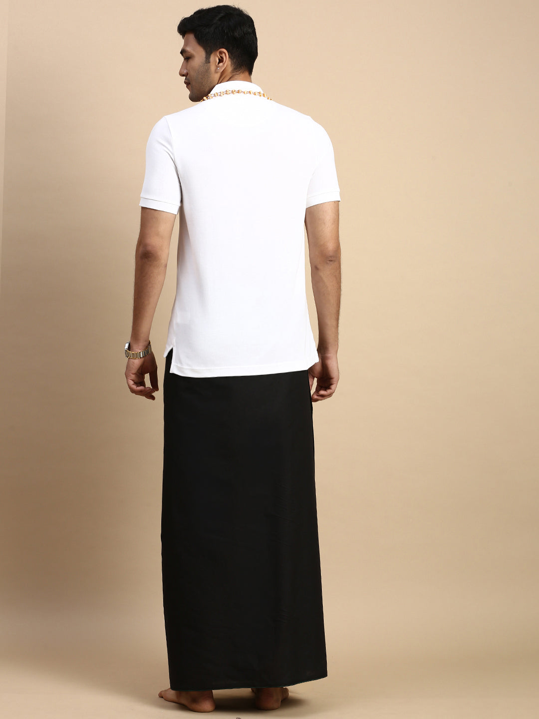 Men Devotional Small Border Dhoti & TShirt Set Black EP1