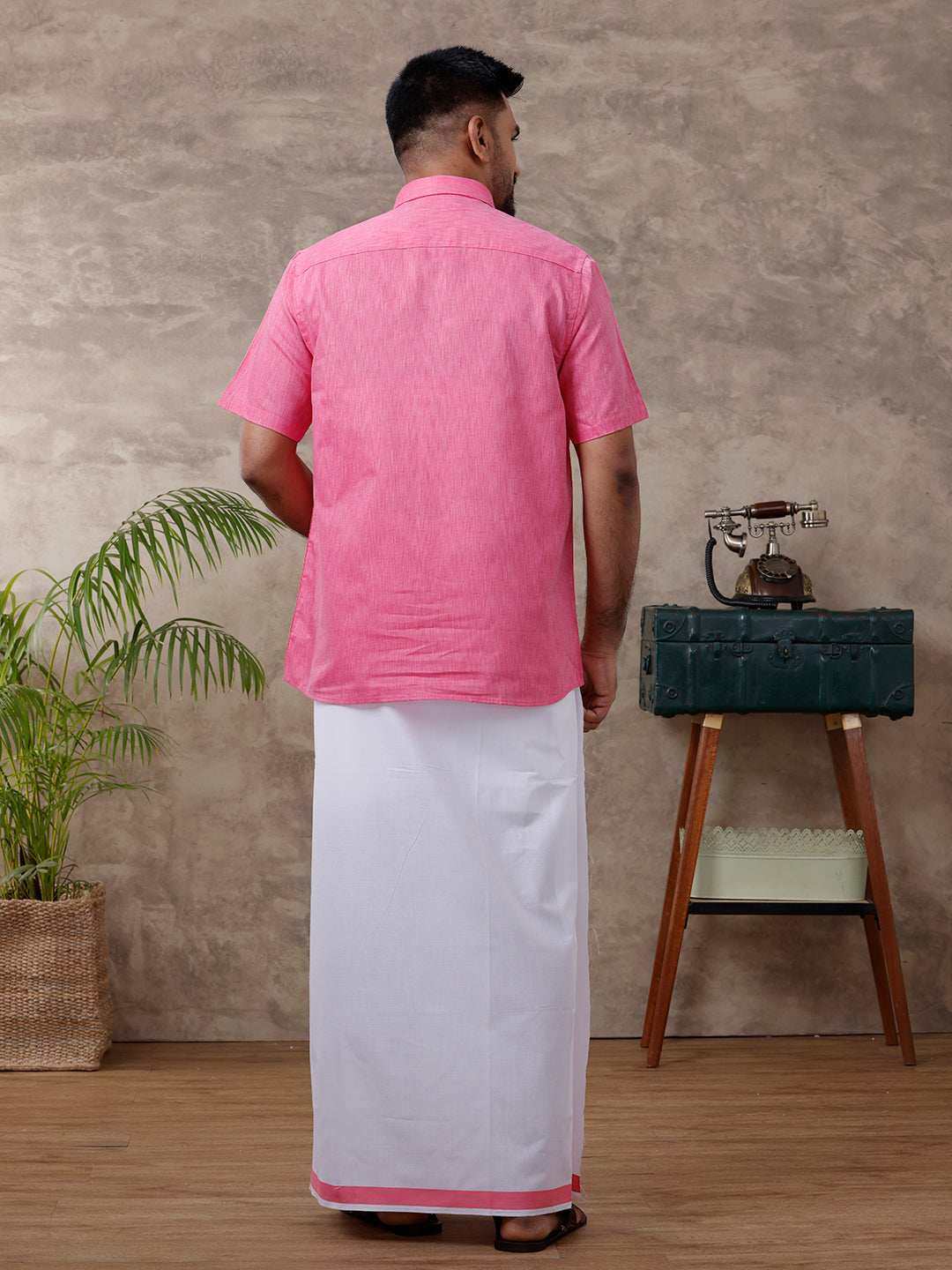 Men Matching Border Dhoti & Half Sleeves Shirt Set Pink C34